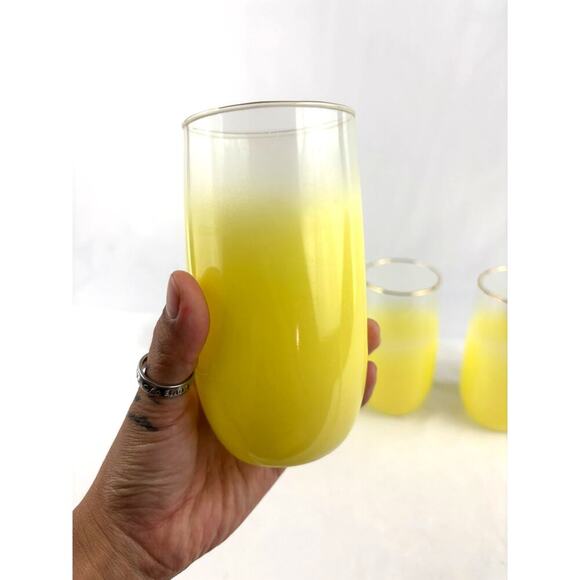 Mid Century Vintage Blendo Yellow Frosted Glass Cocktail Set of 4 Gold Rim 1950s - Picture 2 of 16